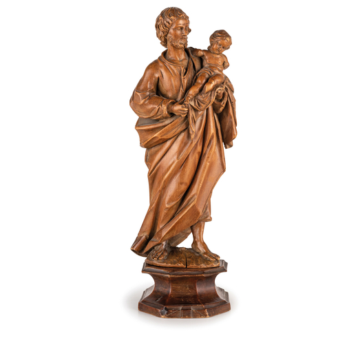 GRUPPO IN LEGNO PATINATO, XIX-XX SECOLO raffigurante San Giuseppe col Bambino, base a plinto mistili