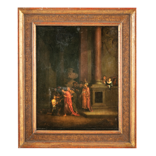 PITTORE OLANDESE DEL XVII-XVIII SECOLO Guarigione del cieco nato<br>Olio su tavola, cm 51X41