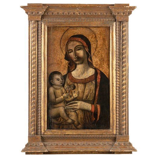 SANO DI PIETRO (maniera di) (Siena, 1405 - 1481)<br>Madonna con Bambino<br>Olio su tavola, cm 68X42