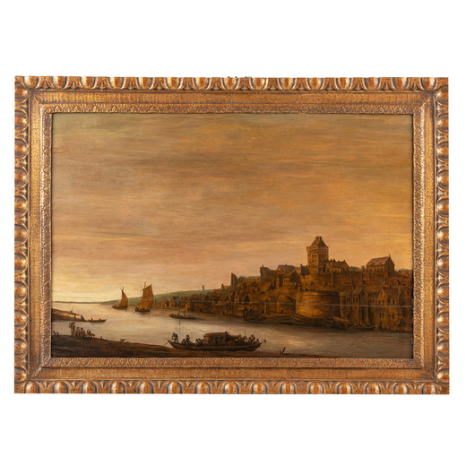PITTORE DEL XIX SECOLO Paesaggio con città affacciata su un fiume <br>Olio su tavola, cm 67X98