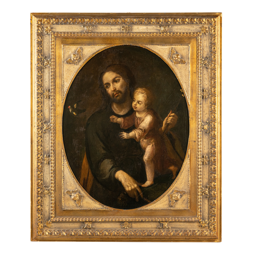 PITTORE SPAGNOLO DEL XVII SECOLO San Giuseppe col Bambino<br>Olio su tela, cm 91X71