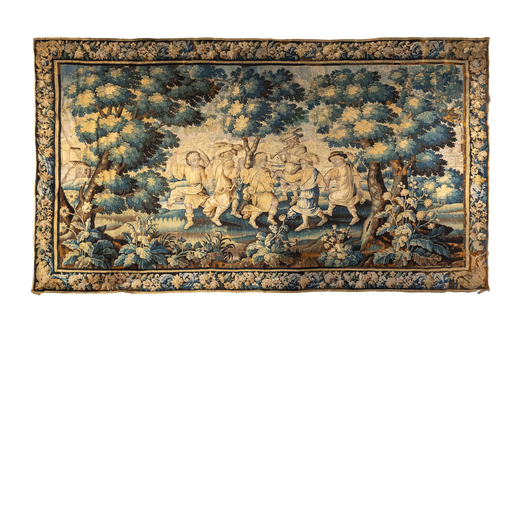 ARAZZO, FIANDRE, XVIII SECOLO cm 270X480<br>raffigurante scena di genere con suonatori entro paesagg