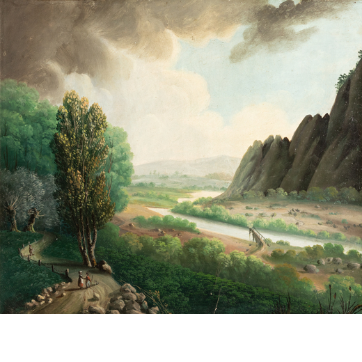 PITTORE DEL XIX SECOLO <br>Paesaggio fluviale con viandanti<br>Olio su cartoncino, cm 34X39