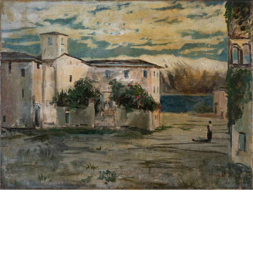 CESARE MONTI Brescia 1891- Bellano 1959<br>Lago incantato<br>Olio su tela, cm 59,9 x 79,7<br>Firmato