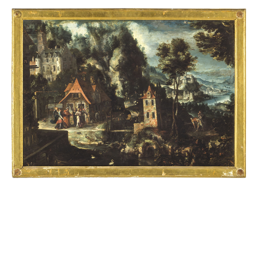 PITTORE DEL XVII SECOLO Paesaggio con Abramo e i tre angeli<br>Olio su tavola, cm 70X100