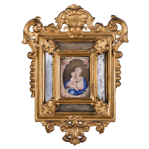 PITTORE DEL XVII-XVIII SECOLO Madonna con il Bambino in ghirlanda di fiori<br>Tempera su carta, cm 1