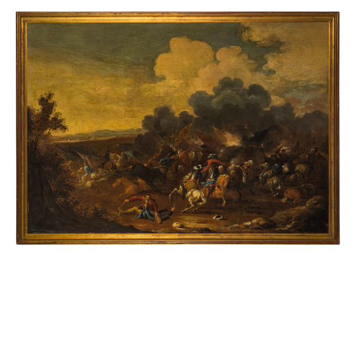 PITTORE DEL XVII-XVIII SECOLO Battaglia<br>Olio su tela, cm 128X184