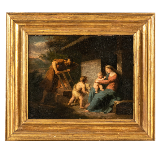 PITTORE DEL XVIII SECOLO Sacra Famiglia<br>Olio su tela, cm 31X39