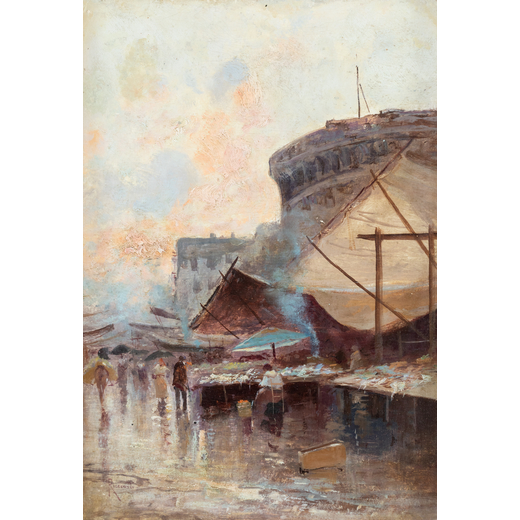 OSCAR RICCIARDI Napoli, 1864 - 1935<br>Scena di mercato a Castello Angiò, Napoli<br>Firmato Ricciar