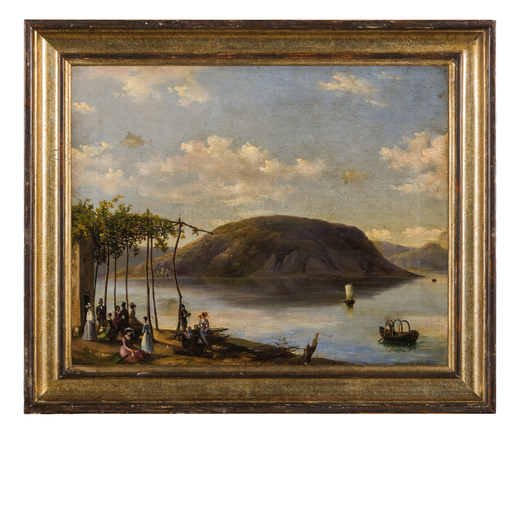 FULVIA BISI Milano 1818 - 1911<br>Festa sul lago di Lugano, il Monte San Giorgio sullo sfondo <br>Fi