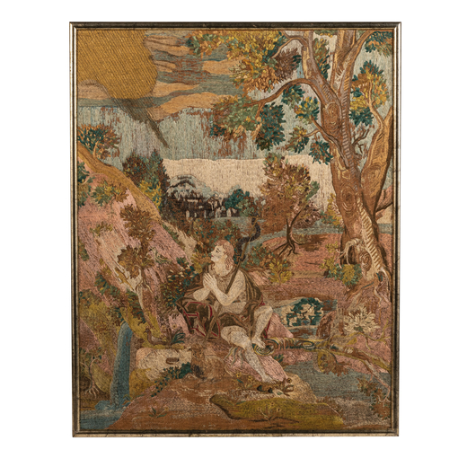 TESSUTO RICAMATO, XIX SECOLO  raffigurante San Giovanni con lAgnus Dei entro paesaggio rurale con ar