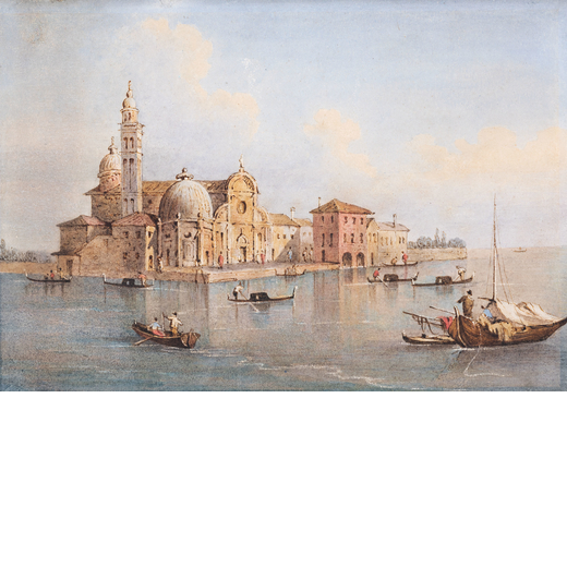 GIACOMO GUARDI (Venezia, 1764 - 1835)<br>Veduta dellisola di San Michele<br>Tempera su carta, cm 14X
