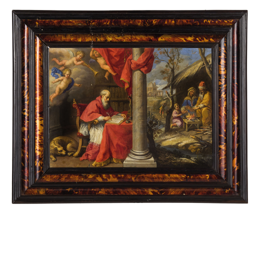 PITTORE DEL XVII-XVIII SECOLO San Girolamo <br>Olio su rame, cm 35X70<br>