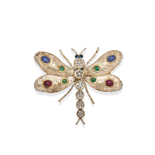 BROCHE PIERRES DE COULEUR ET DIAMANTS en forme dun papillon, le corps en pavé de diamants, les aile