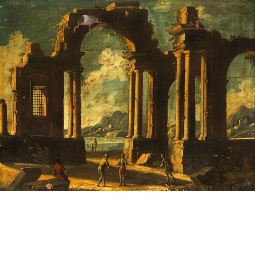 LEONARDO COCCORANTE (attr. a) (Napoli, 1680 - 1750) <br>Capriccio con rovine classiche e figure<br>O