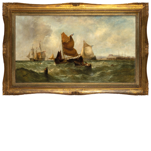 JAMES WEBB Londra, 1825 - 1895<br>Barche da pesca in attesa della marea<br>Firmato James Webb e data