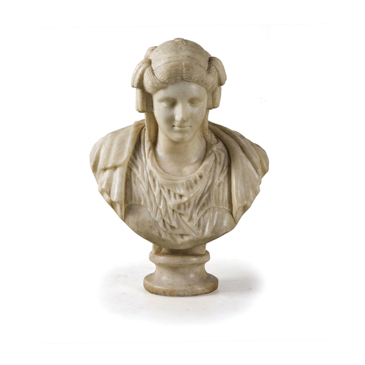 SCULTURA IN ALABASTRO, XIX SECOLO busto femminile, base circolare a plinto; usure, alcune sbeccature