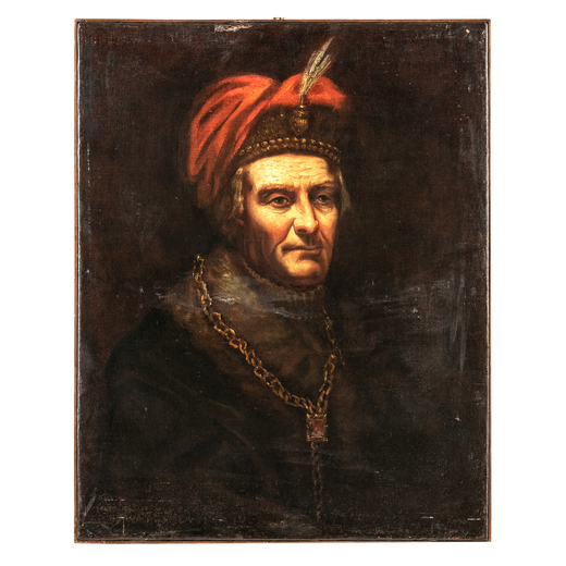 PITTORE OLANDESE DEL XVII-XVIII SECOLO Ritratto duomo con turbante<br>Olio su tela, cm 81X64,5