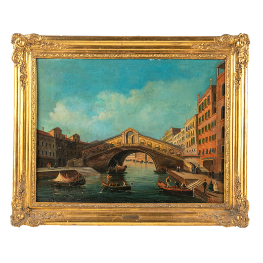 PITTORE DEL XX SECOLO Veduta del Canal Grande con il ponte di Rialto<br>Olio su tela, cm 55X70
