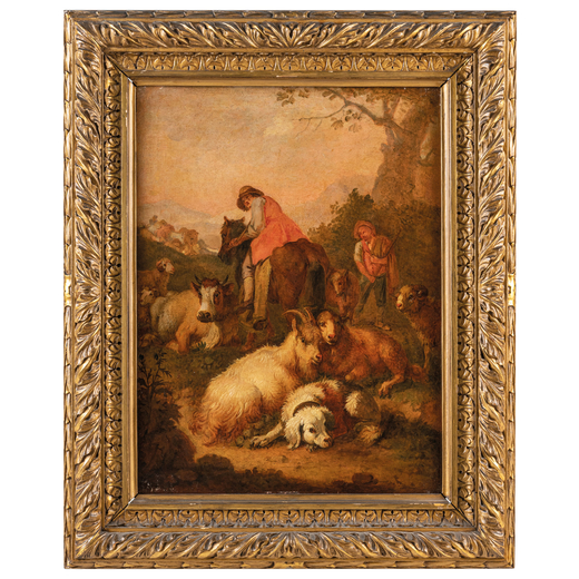 FRANCESCO LONDONIO (Milano, 1723 - 1783)<br>Paesaggio con pastori<br>Olio su tela, cm 58X44