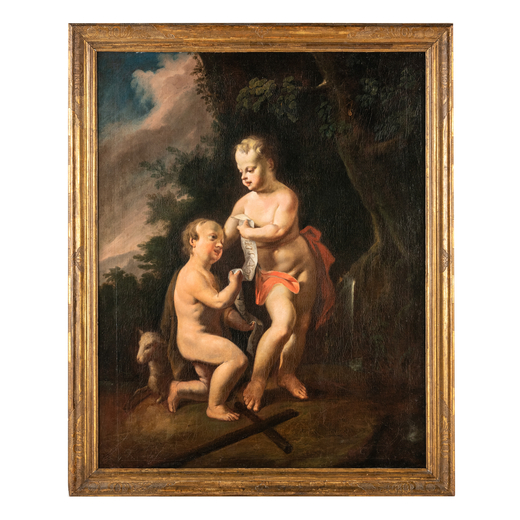 PITTORE VENETO DEL XVIII SECOLO Gesù Bambino e San Giovannino<br>Olio su tela, cm 107X84