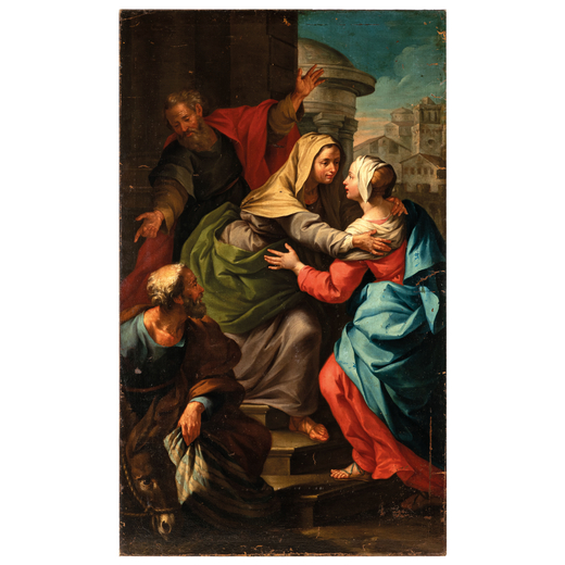 FRANCESCO MANCINI  (SantAngelo in Vado, 1679 - Roma, 1758)<br>La Visitazione<br>Olio su tela, cm 195
