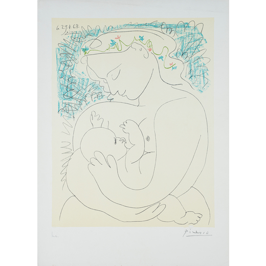 PABLO PICASSO Malaga 1881- Mougins 1973<br>La grande maternita`<br>Litografia a colori su carta, cm 