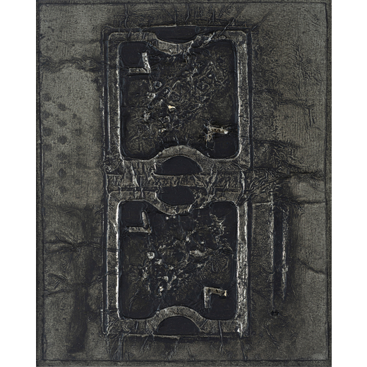 FERNANDEZ MURO Madrid 1920- 2014<br>Senza titolo<br>Tecnica mista su tin foil, cm 38 x 33,5