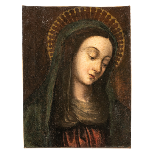PITTORE DEL XVIII-XIX SECOLO Volto della Vergine<br>Olio su tela, cm 43X33