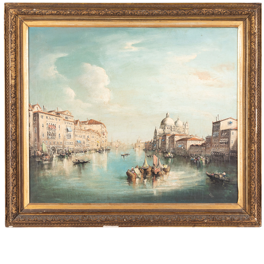 ARTISTA DEL XX SECOLO  Veduta veneziana con gondole sul Canal Grande<br>Olio su tela, cm 51,5X61