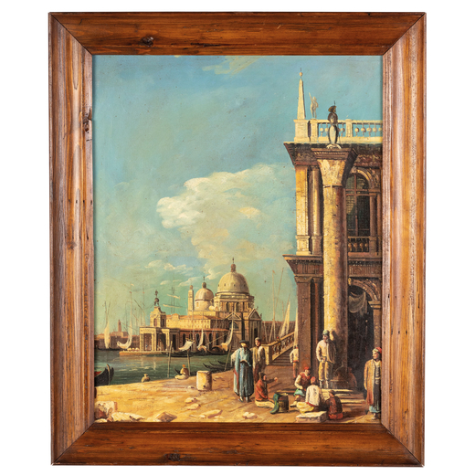 ARTISTA DEL XX SECOLO Scorcio di Venezia con figure e la Chiesa della Salute<br>Olio su tela, cm 50X