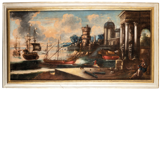 PITTORE DEL XVIII-XIX SECOLO  Marina<br>Olio su tela, cm 164X246