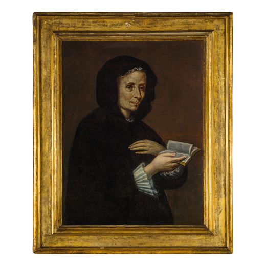 PITTORE DEL XVIII SECOLO Donna con libro <br>Olio su tela, cm 84X63