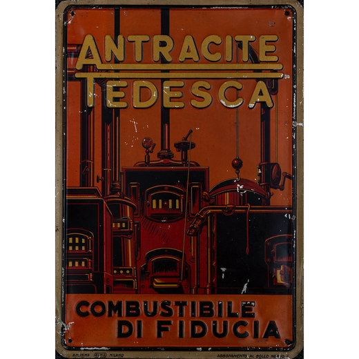 Antracite Tedesca Insegna Latta Litografata<br>Anonimo<br>Edito Alma, Milano<br>Epoca 1925 ca.<br>Mi