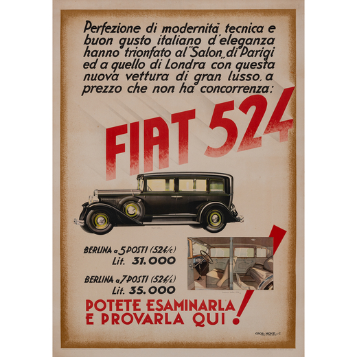 Fiat 524 Manifesto Litografia [Telato]<br>Anonimo<br>Edito Gros-Monti, Torino<br>Epoca 1931<br>Misur