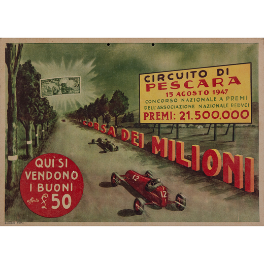 Circuito Pescara Cartoncino Litografia<br>Anonimo<br>Edito Bimo S.p.A., Roma<br>Epoca 1947<br>Misure