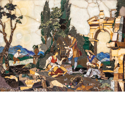 PANNELLO DI MARMI COMMESSI, XVIII SECOLO raffigurante scena di genere entro paesaggio con rovine e a