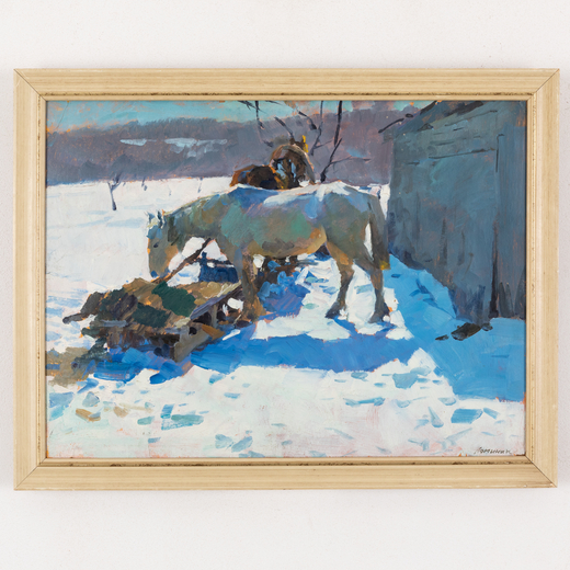 KOSTANTIN MATVYEVICH LOMYKIN Glukhiv, 1924 - Odessa, 1994<br>Il cavallo nel cortile <br>Firmato Lomy