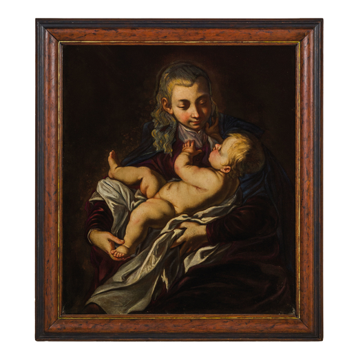 PITTORE CARAVAGGESCO ATTIVO A ROMA NEL XVII SECOLO Madonna con bambino <br>Olio su tela, cm 95X81