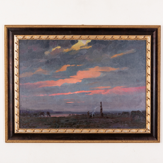 ANATOLY NIKONOVICH VOLNENKO (ATTR. A) Kharkov, 1902 - 1965<br>Paesaggio al tramonto con animali e fi