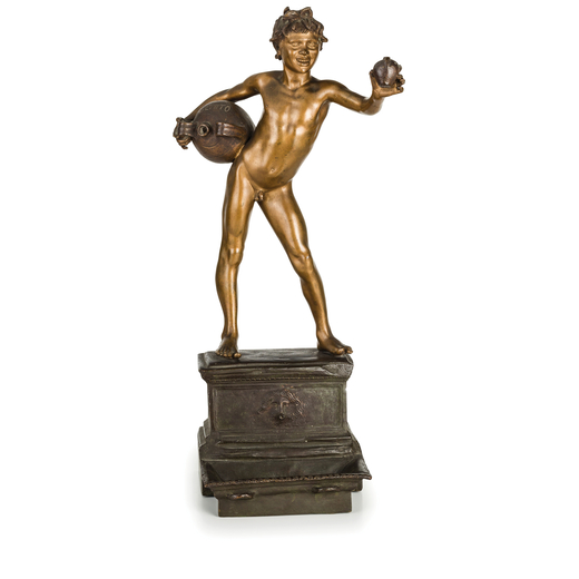 SCULTORE DEL XIX-XX SECOLO raffigurante putto in bronzo con orcio, su base in forma di fontana a pat