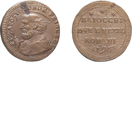 MONETE PAPALI. PIO VI (1775-1799). DUE BAIOCCHI E MEZZO ROMANI 1796 Bronzo, 18,17 gr, 30 mm. SPL<br>