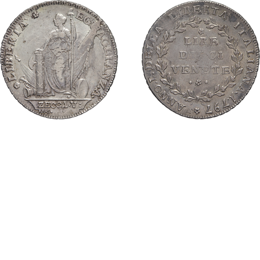 ZECCHE ITALIANE. VENEZIA. DIECI LIRE VENETE 1797 Argento, 28 gr, 40 mm. Buon BB per il tipo.<br>Dr. 