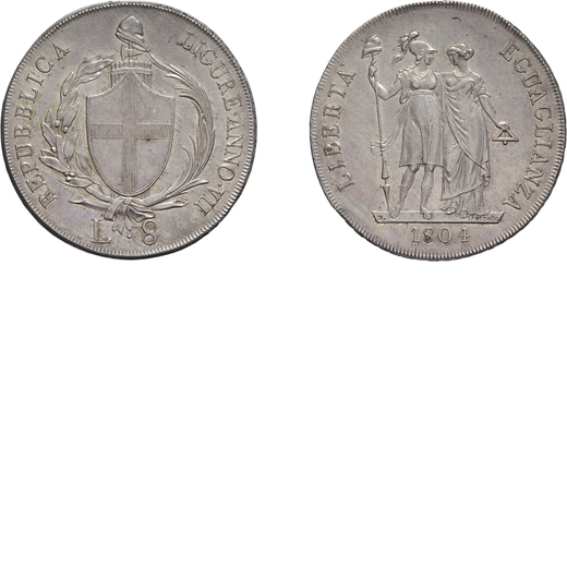 ZECCHE ITALIANE. REPUBBLICA LIGURE (1798-1805). 8 LIRE 1804 Argento, 33,23 gr, 41 mm. Migliore di SP
