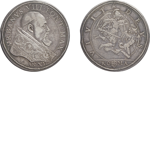 MONETE PAPALI. URBANO VIII (1623-1644). PIASTRA ANNO XII Roma. Argento, 31,55 gr, 43 mm. Rara. BB<br