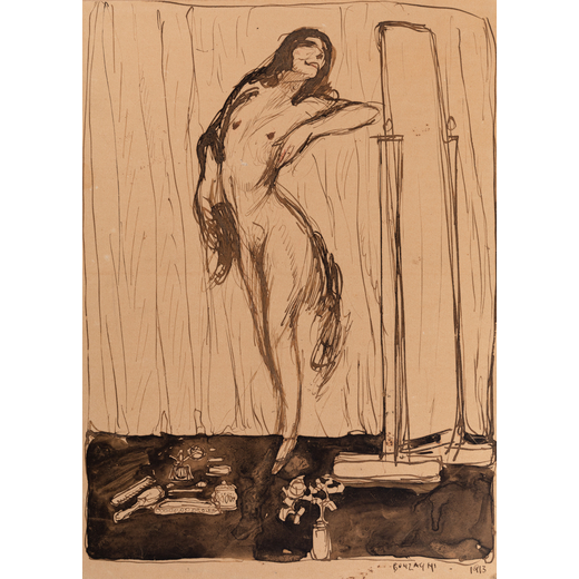 AROLDO BONZAGNI Cento (Fe) 1887  - Milano 1918<br>Nudo femminile, 1913<br>Tecnica mista su carta app