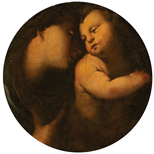GIUSEPPE NUVOLONE (attr. a) (Milano, 1619 - 1703)<br>Madonna con Bambino<br>Olio su tela applicata s