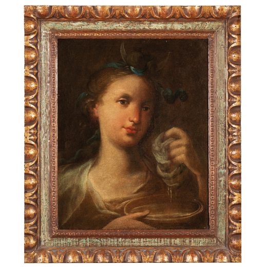 PITTORE VENETO DEL XVIII SECOLO Ritratto di giovane donna in veste di Diana<br>Olio su tela, cm 50X3