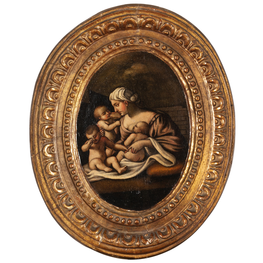 PITTORE EMILIANO DEL XVII SECOLO  Madonna con Bambino<br>Olio su tavola, cm 30X21,5