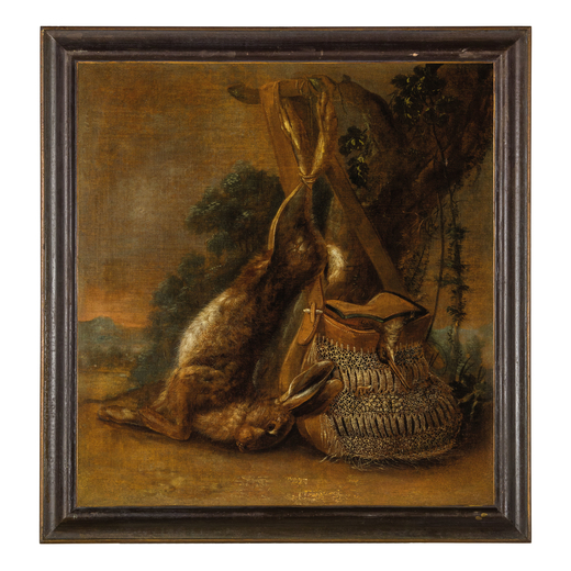 ADRIAEN DE GRIJEF (attr. a)  (Leida, 1657 - Bruxelles, 1722)<br>Cacciagione<br>Olio su tela, cm 82X7